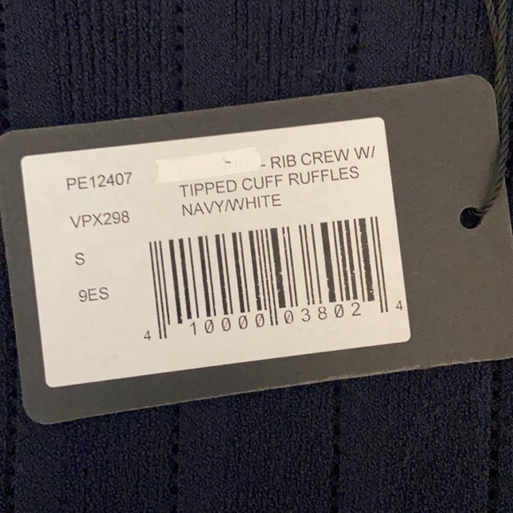 NWT Autumn Cashmere Women's Rib Crew with Tipped Cuff Ruffles Navy/White Small - Picture 6 of 6